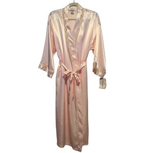 NWT Vintage Dentelle‎ Pink Satin Long Robe Rose Lace Trim Size Large Deadstock